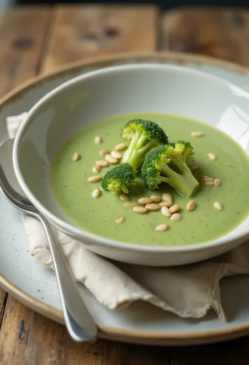 Broccoli cream soup served with toasted seeds