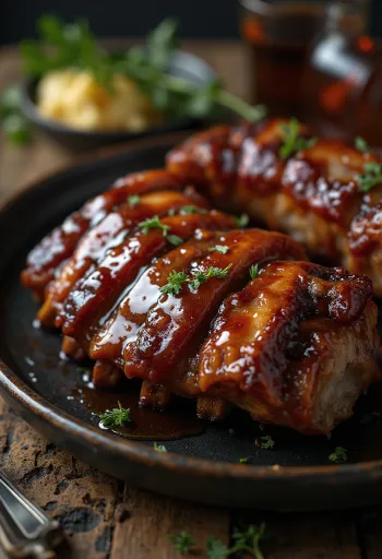 Smoked BBQ pork ribs rack on board