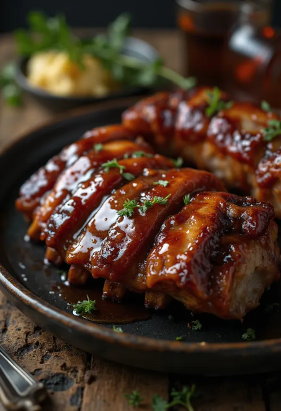 Smoked BBQ pork ribs rack on board