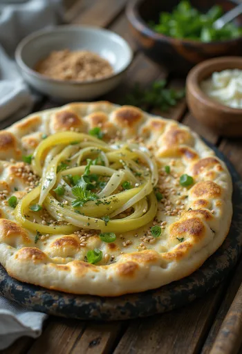 Manakish with leeks served with sesame seeds