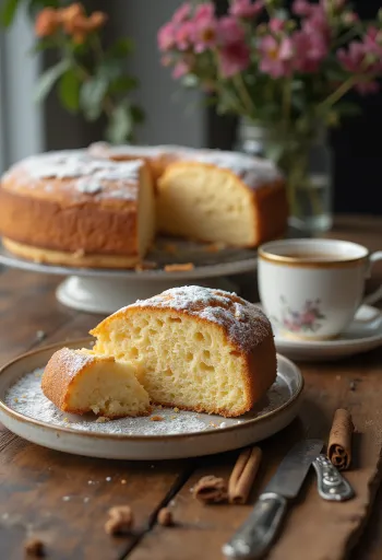 Honey-cinnamon sponge cake in golden brown serving