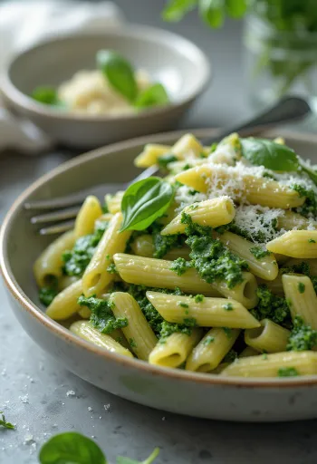 Creamy spinach pasta sprinkled with fresh Parmesan, served on a white plate.