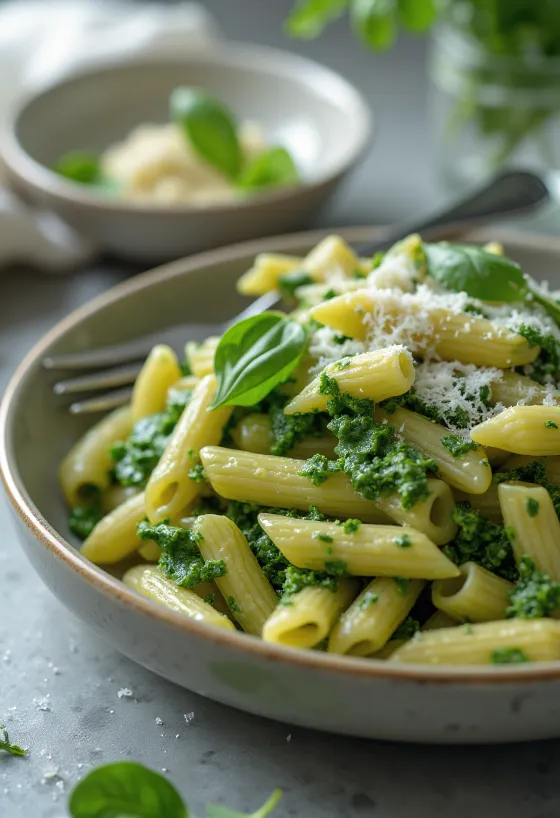 Creamy spinach pasta sprinkled with fresh Parmesan, served on a white plate.