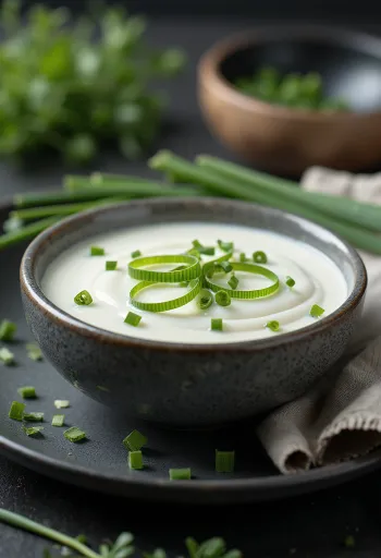 Creamy chive sauce in a bowl with fresh chives.
