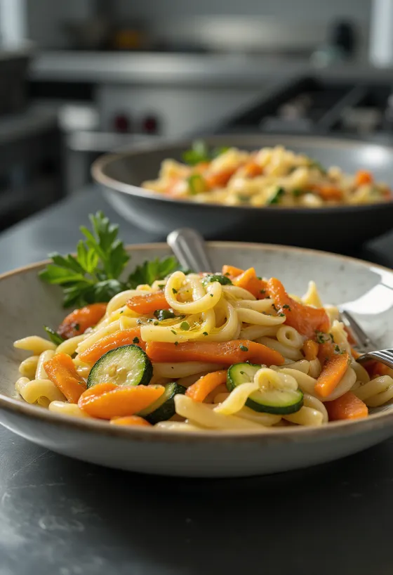 Fresh vegetable pasta with crunchy vegetables and parsley