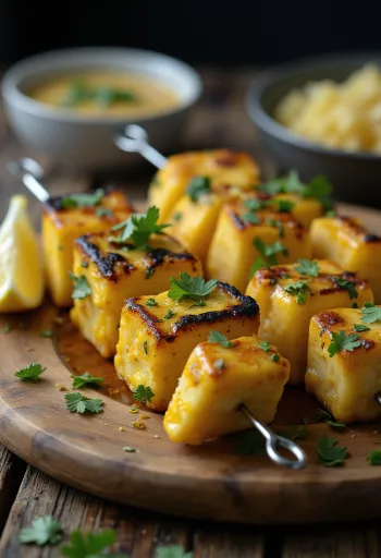 Achari paneer tikka grilled paneer pieces seasoned in yoghurt marinade, served with fresh coriander and lemon