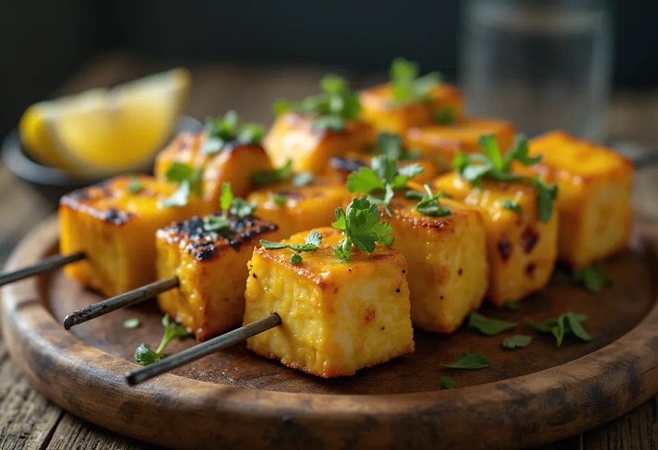Achari paneer tikka grilled paneer pieces seasoned in yoghurt marinade, served with fresh coriander and lemon