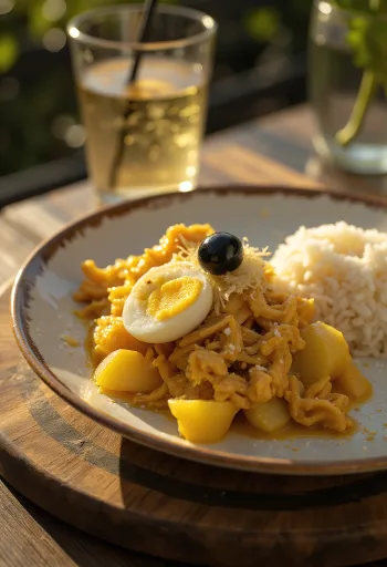 Ají de Gallina served with onion, fresh egg and almond flakes