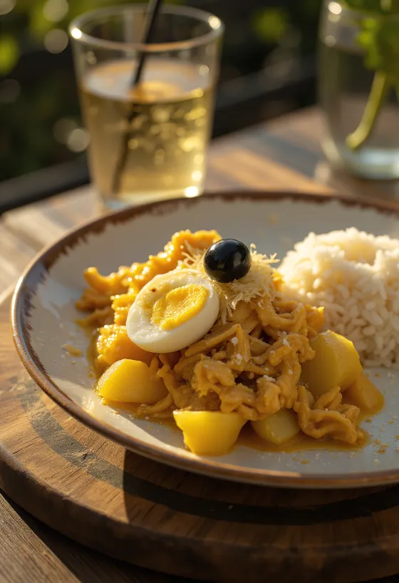 Ají de Gallina served with onion, fresh egg and almond flakes
