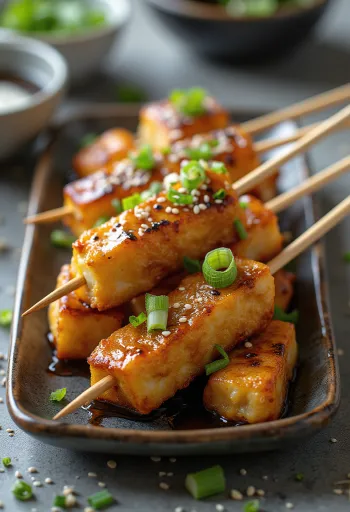 Atsuage tofu yakitori skewered, served with sesame and green onions