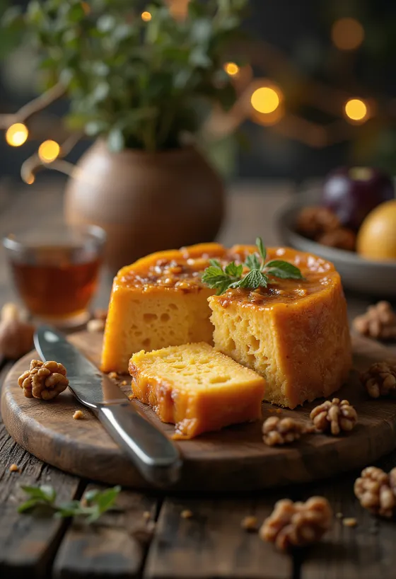 Quince cheese matured to a golden colour, decorated with walnuts