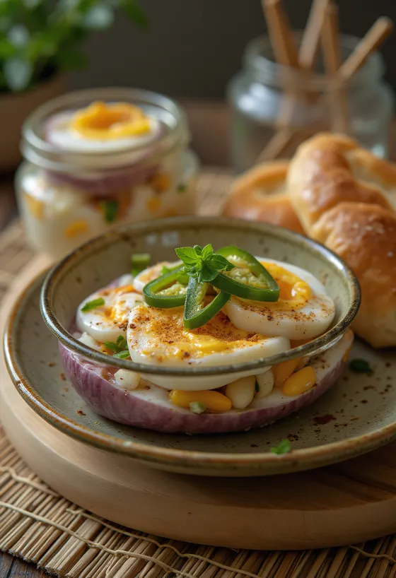 Spicy vinegar pickled aubergine in a jar