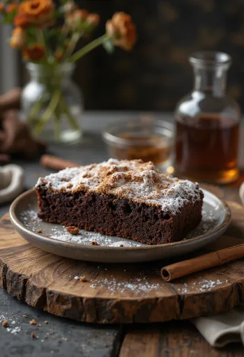 Cinnamon chocolate cake dusted with icing sugar