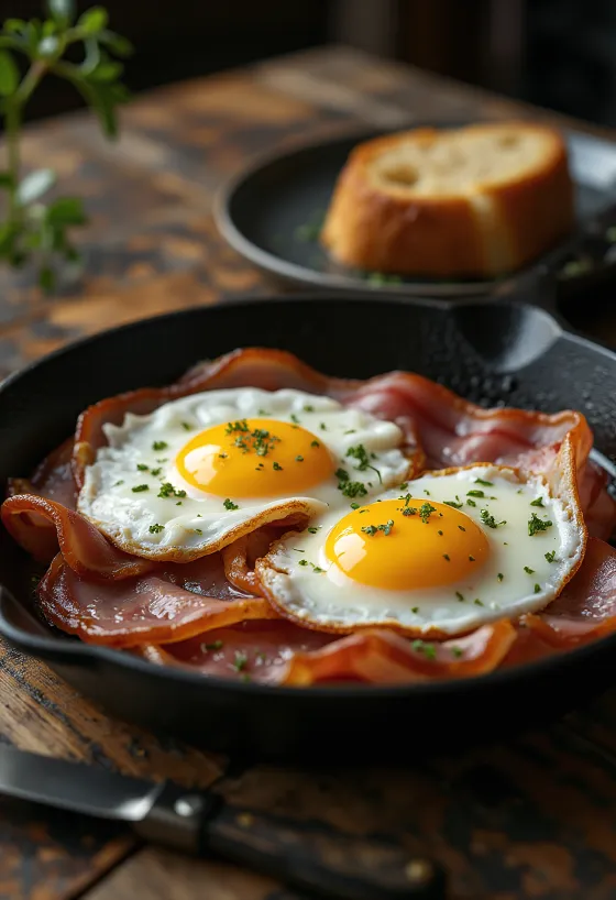 Smoked ham with fried eggs served with fresh bread