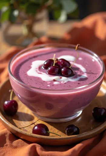 Refreshing chilled sour cherry soup garnished with whipped cream, served in a white bowl.