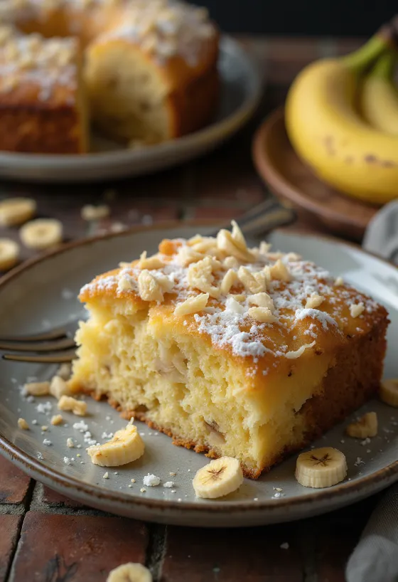 Coconut banana cake dusted with icing sugar and decorated with desiccated coconut