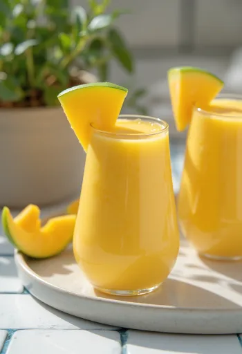 Mango smoothie in a tall glass, decorated with mango slices