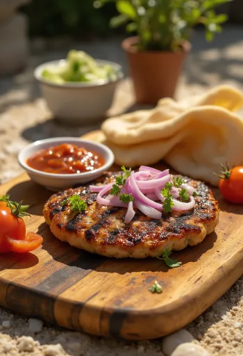 Pljeskavica, Serbian meat patty with ajvar and chips
