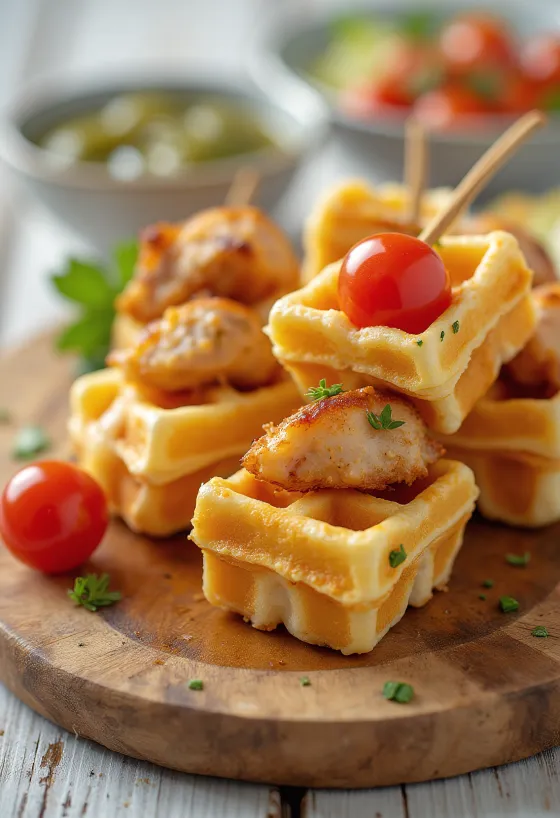 Savoury waffle skewers with grilled chicken and tomato