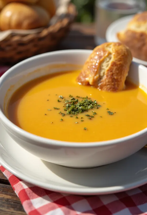 Creamy butternut squash vegetable soup served