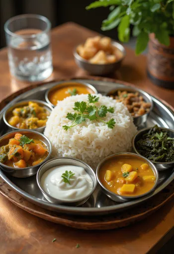 Andhra Bhojanam style Thali, spicy vegetables and rice meal served with yoghurt