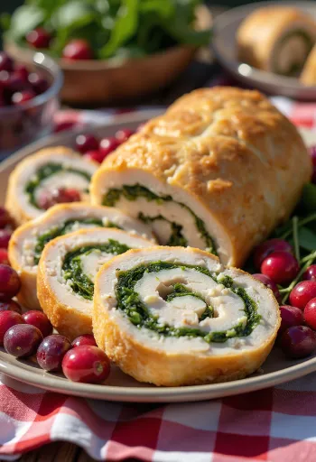 Turkey roulade with cranberries served with vegetables.
