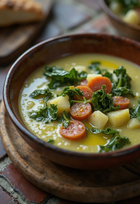 Caldo Verde soup served with chorizo