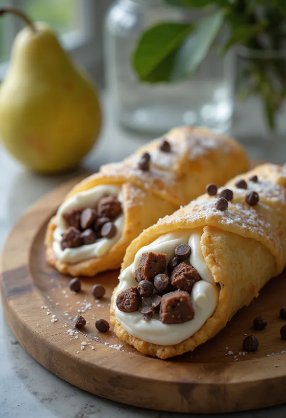 Chocolate and pear cannoli served