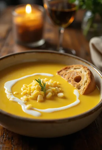 Creamy sweetcorn soup garnished with fresh parsley, served in a white bowl.