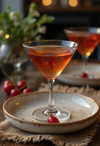 Manhattan cocktail decorated with cocktail cherry and orange zest