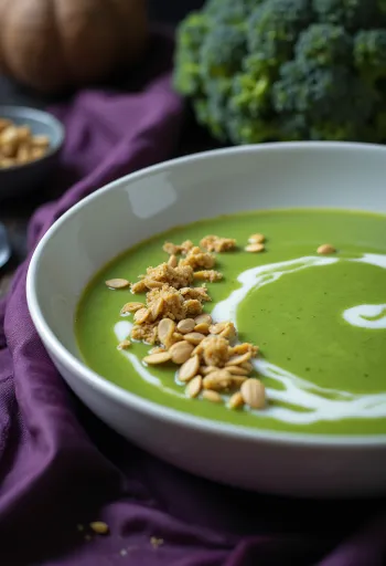 Prebiotic broccoli cream soup, garnished with coconut milk and fresh parsley