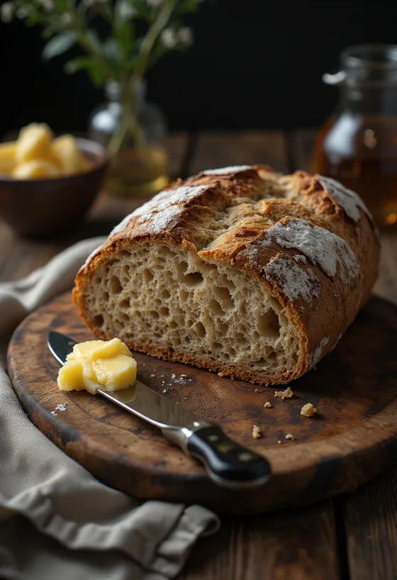 Round sourdough ruisleipä with rustic crust, dusted with flour, on wooden surface