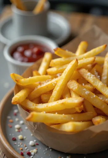 Golden brown fried chips baked until crispy and sprinkled with fresh herbs.