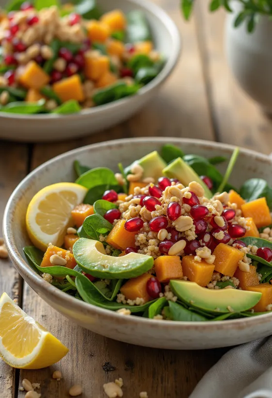 Roast butternut squash and peanut Buddha bowl served