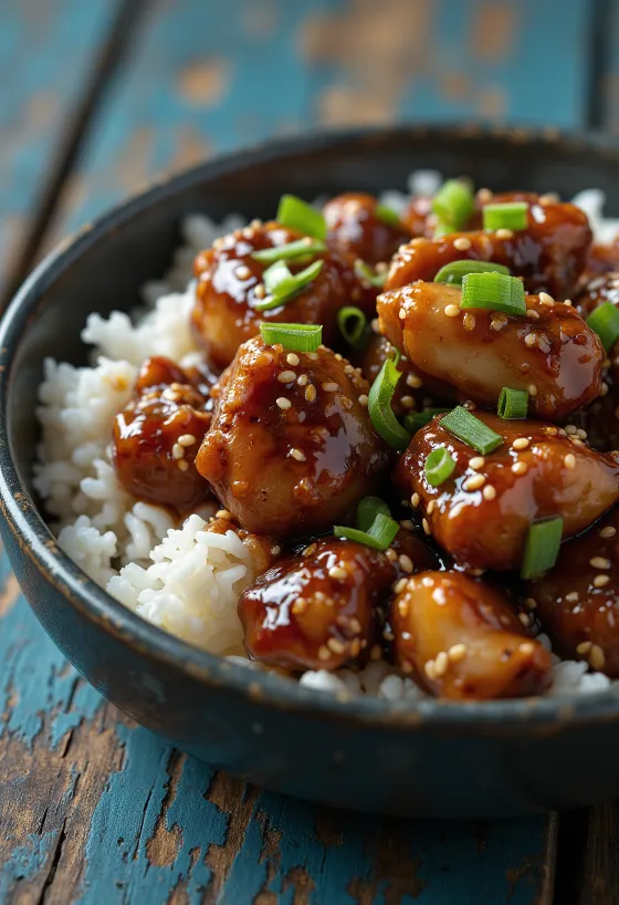 Teriyaki chicken served with sesame seeds and spring onion