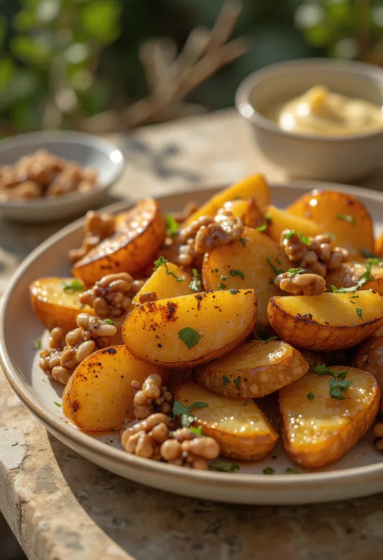 BBQ grilled roast potatoes with walnuts served