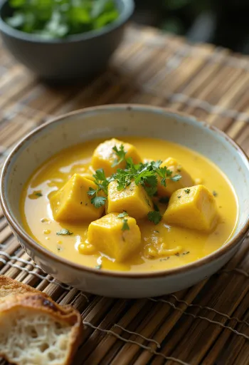 Cà ri with coconut milk, creamy curry with chicken, garnished with coriander