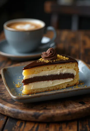 French opera cake with chocolate ganache layers and espresso flavouring