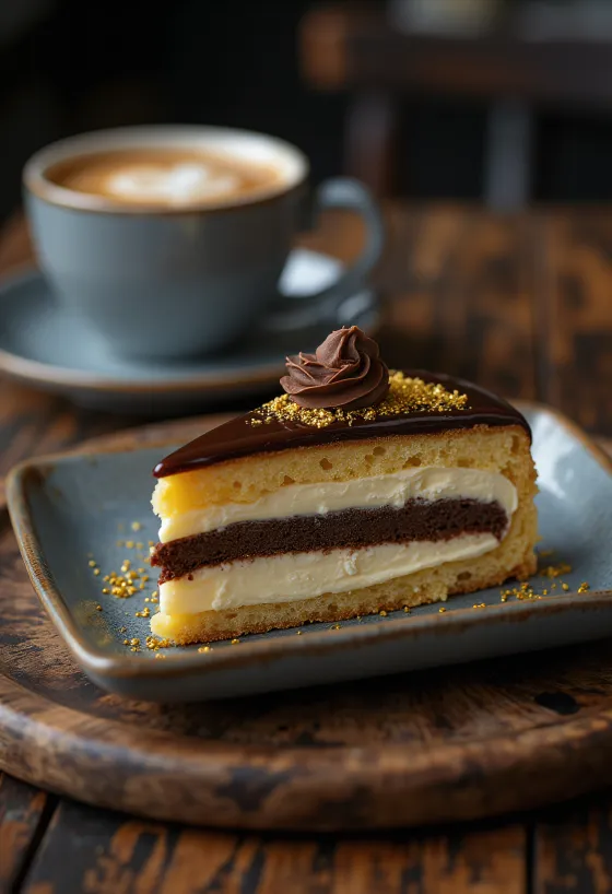 French opera cake with chocolate ganache layers and espresso flavouring