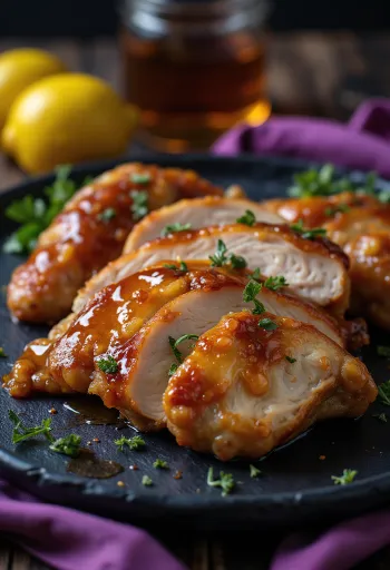 Smoked BBQ turkey breast slices with lemon glaze