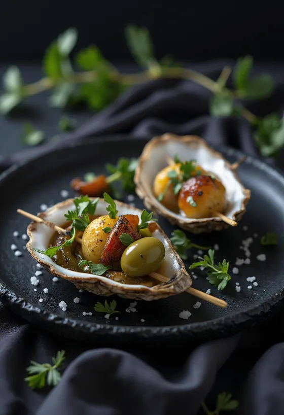 Gilda with smoked oysters, spicy peppers and fresh coriander