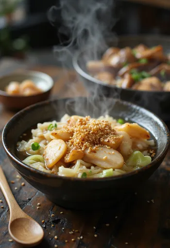 Kiritanpo nabe with Chinese cabbage, served with chicken and rice cakes