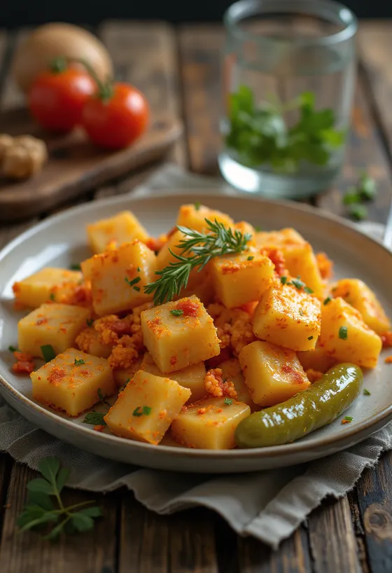 Potato pasta served with fried onions and paprika