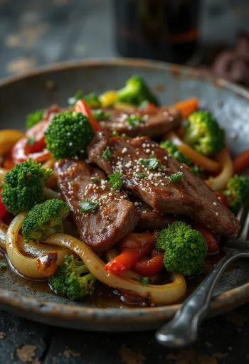 Lomo saltado served with beef and roasted vegetables