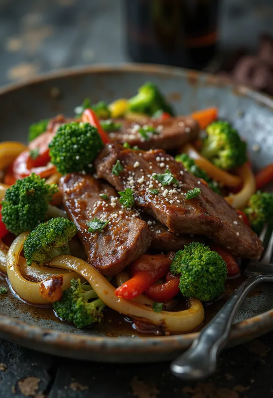 Lomo saltado served with beef and roasted vegetables