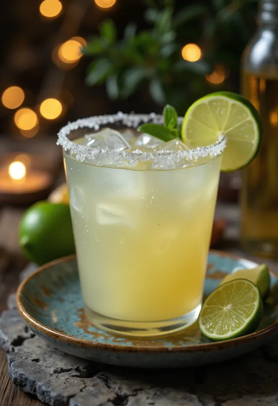 Margarita cocktail decorated with a salt rim and lime slice