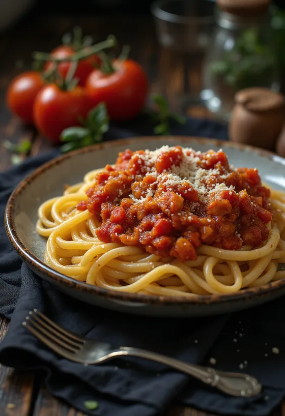 Tomato pasta with fresh basil and grated Parmesan cheese