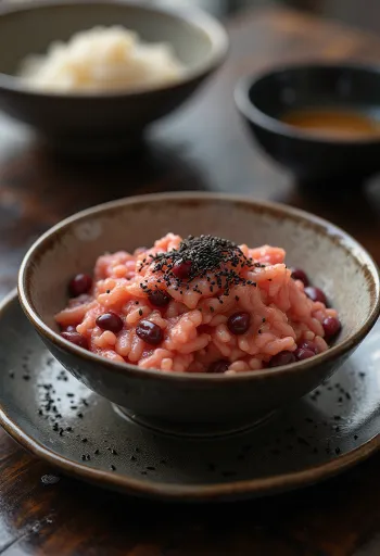 Sekihan with black sesame seeds served, freshly made.