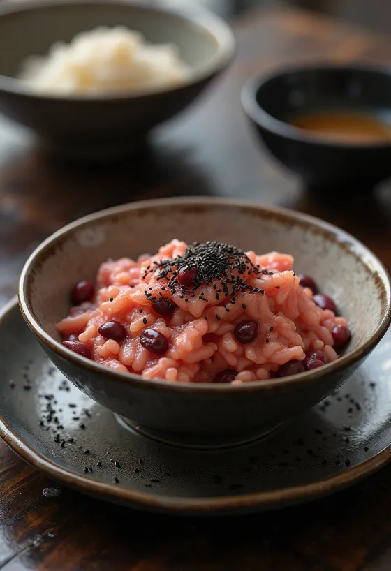Sekihan with black sesame seeds served, freshly made.