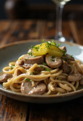 Beef Stroganoff served with silky sour cream sauce